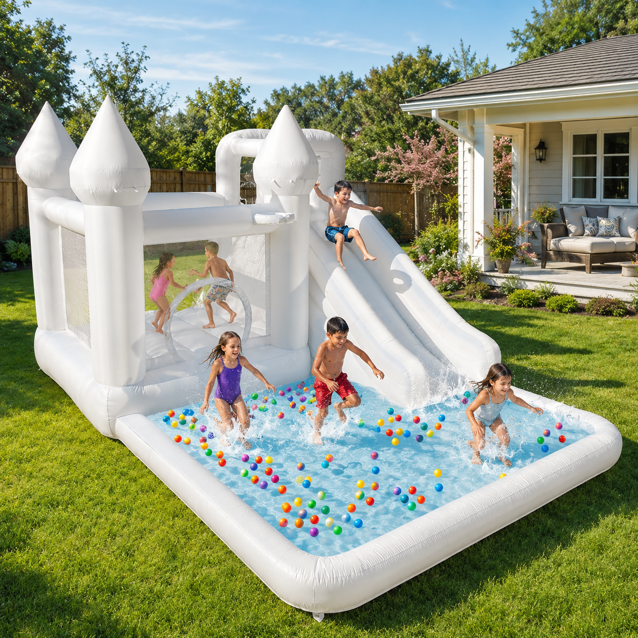 14ft Inflatable Water Slide & Bounce House with Ball Pit and Blower, White Oxford Outdoor Playhouse for Kids