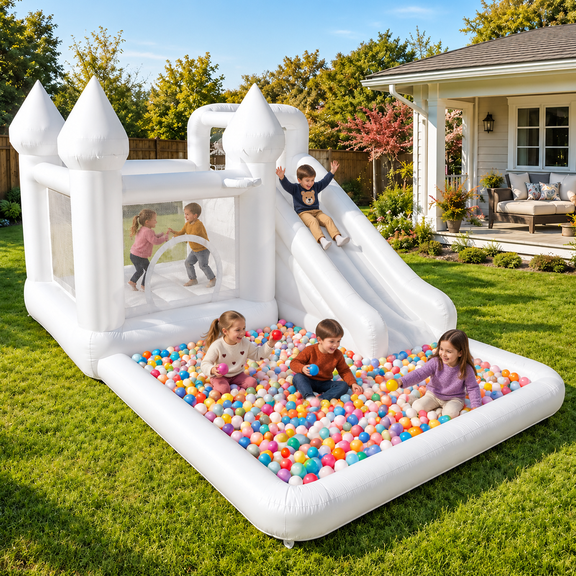 14ft Inflatable Water Slide & Bounce House with Ball Pit and Blower, White Oxford Outdoor Playhouse for Kids