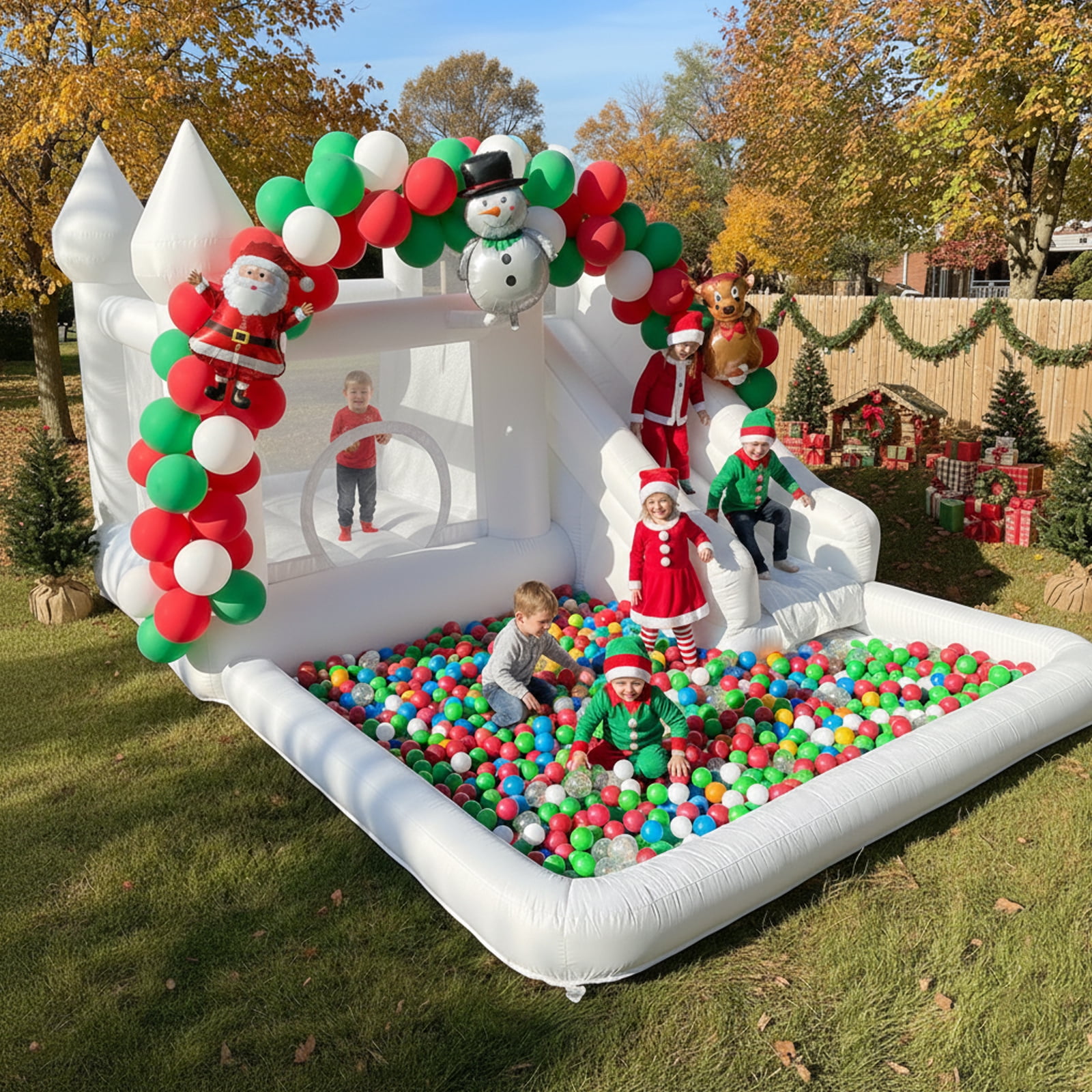 14ft Inflatable Water Slide & Bounce House with Ball Pit and Blower, White Oxford Outdoor Playhouse for Kids