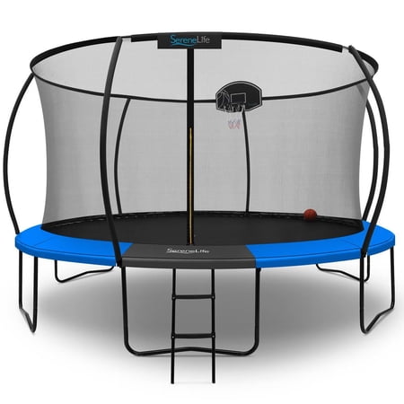 14ft Pumpkin Recreational Trampoline with Luxury Ladder and Basketball Hoop System for Kids / Children and Inner Enclosure, SLTRMPK14BL.5 (Blue)