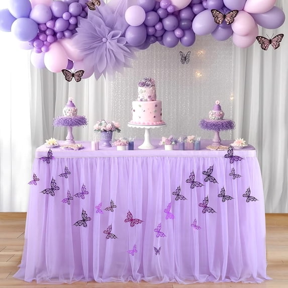 14ft Purple Butterfly Table Skirt for Butterfly Theme Baby Shower Gilrs Tulle Tutu Table Skirt for Butterfly Birthday Party Wedding Cake Dessert Table Decorations