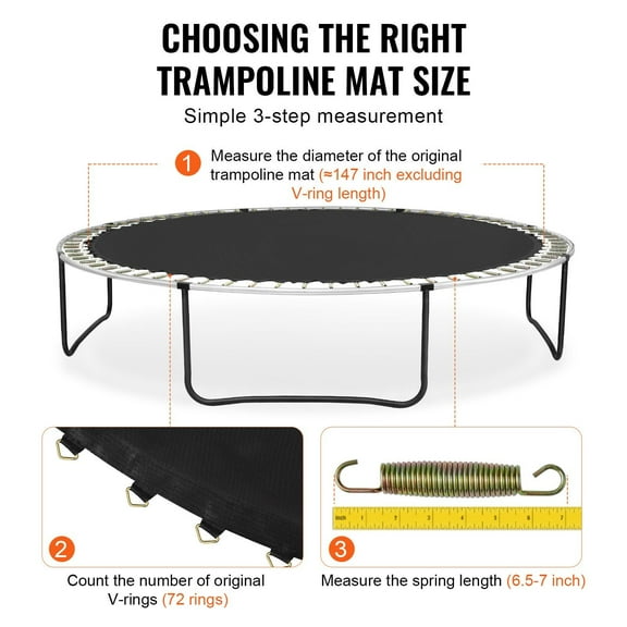14ft Round Trampoline Mat with 72 V-Rings, for 6.5-7" Springs, Durable Bounce Surface