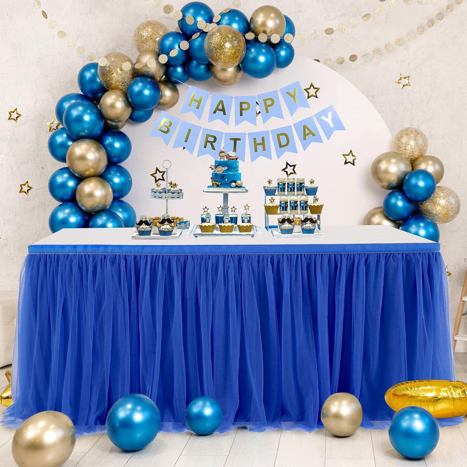 Blue Tulle Table Skirt - 14ft Tutu Skirting For Wedding, Birthday, Baby Shower Party Decor (Rectangle Or Round Tables)