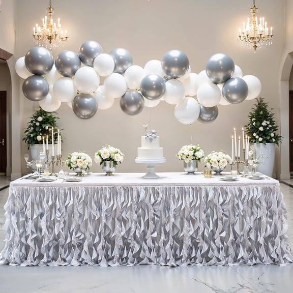 14ft Silver Sequin Tutu Table Skirt for Rectangle Tables Curly Willow Tutu Skirting Ruffle Table Cloth Glitter Desk Skirts for Wedding Birthday Space Theme Party Banquet Table Decorations