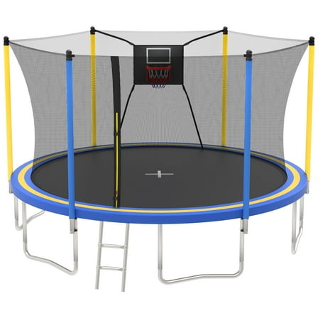 14ft Trampoline with Basketball Hoop, SEGMART Upgraded Round Kids Outdoor Trampoline with Enclosure, Heavy-Duty Backyard Trampoline for Adults and Kids, Blue