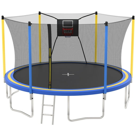 14ft Trampoline with Basketball Hoop, SEGMART Upgraded Round Kids Outdoor Trampoline with Enclosure, Heavy-Duty Backyard Trampoline for Adults and Kids, Blue