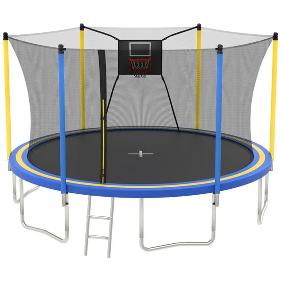 14ft Trampoline with Basketball Hoop, SEGMART Upgraded Round Kids Outdoor Trampoline with Enclosure, Heavy-Duty Backyard Trampoline for Adults and Kids, Blue