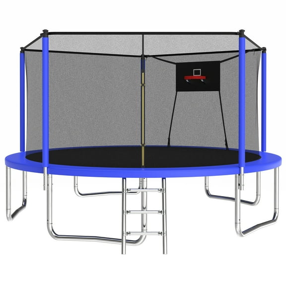 Leumius 14ft Trampoline for Kids,Outdoor Recreational Trampoline with Basketball Hoop and Enclosure Net,Blue