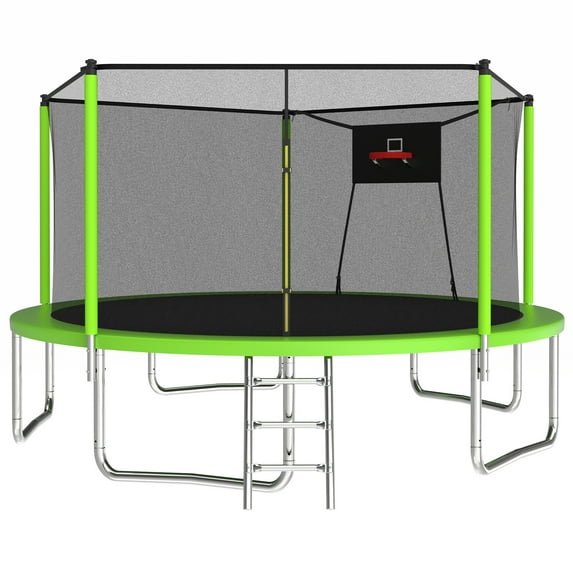 14ft Trampoline for Kids,Outdoor Recreational Trampoline with Basketball Hoop and Enclosure Net,Green