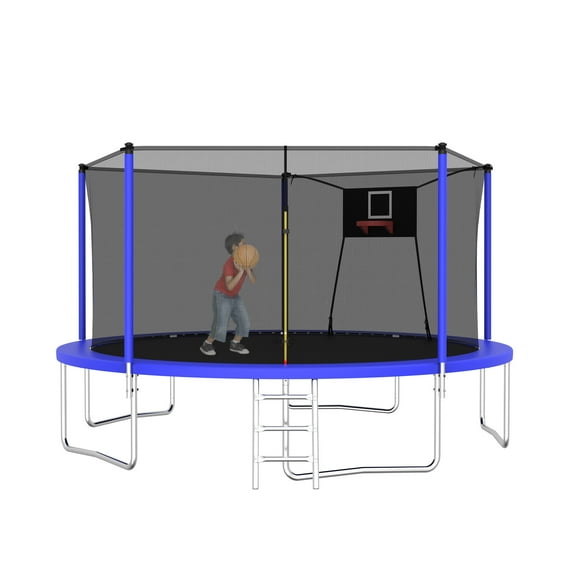 14ft Trampoline with Basketball Hoop,Heavy-Duty Outdoor Trampoline with with Enclosure Net,Upgraded Kids Recreational Trampoline for Family,Blue