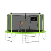 14ft Trampoline with Basketball Hoop,Heavy-Duty Outdoor Trampoline with with Enclosure Net,Upgraded Kids Recreational Trampoline for Family,Green