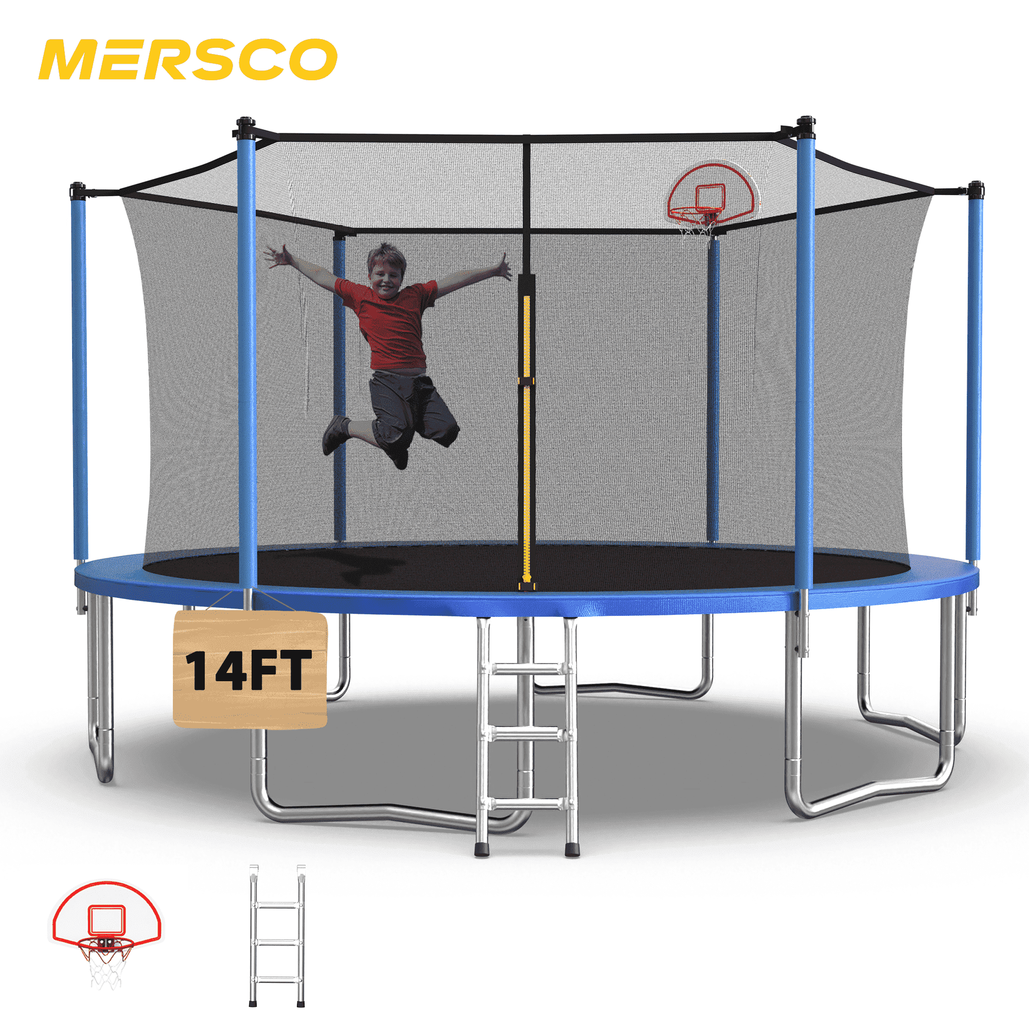 Mersco 14ft Heavy Duty Trampoline PLAY for Kids and Adult,Outdoor with Safety Enclosure Net, Basketball Hoop,Ladder,Jumping Trampoline for Boys and Girls Birthday Gifts, Big Backyard Trampoline, Blue