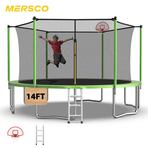 Mersco 14ft Heavy Duty Trampoline for Kids Outdoor with Safety Enclosure Net, Basketball Hoop ,Ladder,Big Backyard Trampoline, Jumping Trampoline for Boys and Girls Birthday Gift,Green