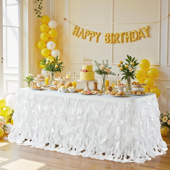 14ft White Sequin Table Skirt for Rectangle Tables Glitter Curly Willow Tutu Skirt Ruffle Table Cloth Desk Skirts for Wedding Birthday Baby Shower Party Banquet Table Skirting Decorations