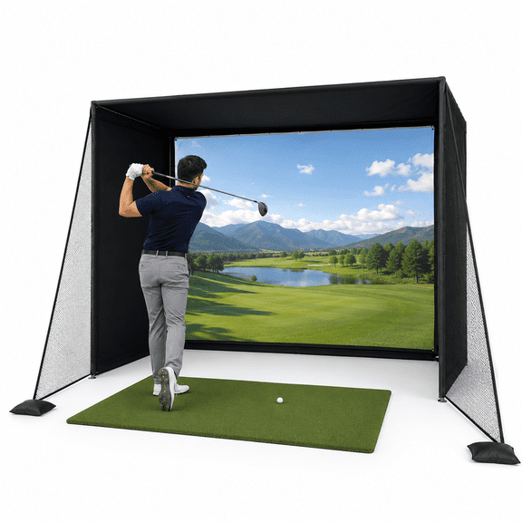 14ft x 8ft Golf Simulator Enclosure with HD Impact Projection Screen & Aluminum Frame, Professional Golf Hitting Net System for Indoor Training, Compatible with Launch Monitors