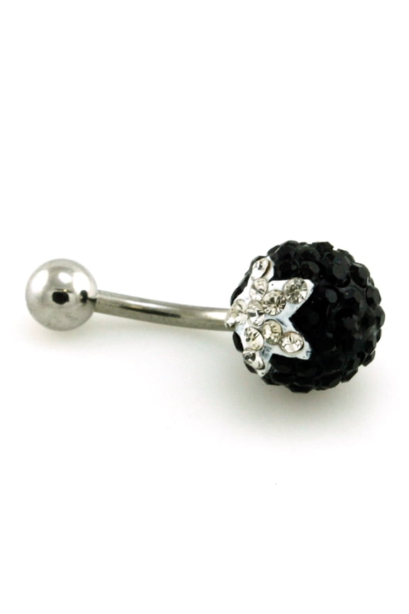 14g (1.6mm) Black Cubic Zirconia Crusted White Star Belly Ring Navel Piercing Body Jewelry