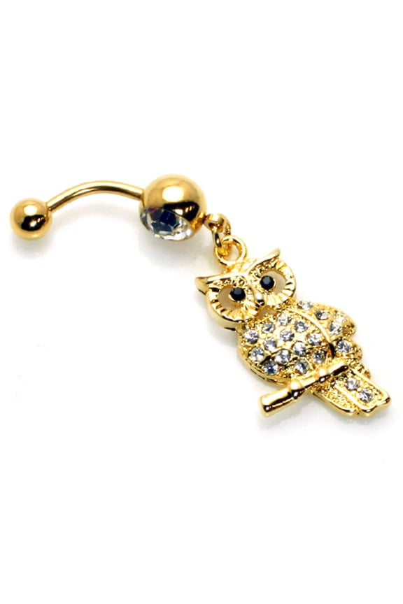 14g (1.6mm) CZ Gold Plated Retro Owl Stainless Steel Dangle Belly Ring Navel Piercing Body Jewelry