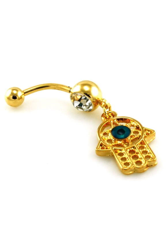 14g (1.6mm) Gold Plated Evil Eye Cubic Zirconia Dangle Belly Ring Navel Piercing Body Jewelry
