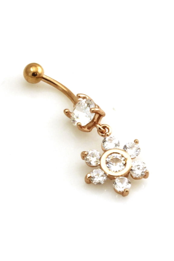 14g (1.6mm) Rose Gold Plated Tioneer Stainless Steel Six Pedal Flower Dangle Belly Ring Navel Piercing Body Jewelry