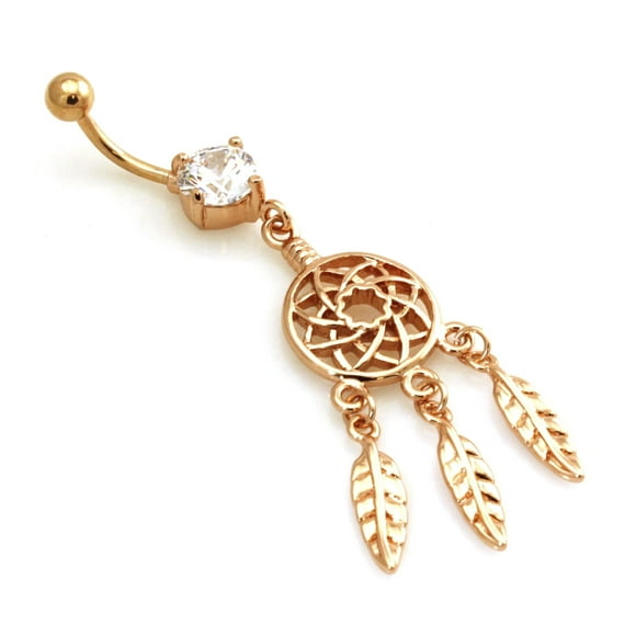 14g (1.6mm) Rose Gold Plated Stainless Steel Three Feather Dreamcatcher Dangle Belly Ring Navel Piercing Body Jewelry