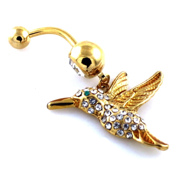 14g (1.6mm) Stainless Steel Cubic Zirconia Gold Plated Hummingbird Dangle Belly Ring Navel Piercing Body Jewelry