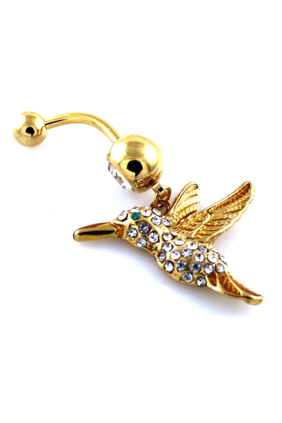 14g (1.6mm) Stainless Steel Cubic Zirconia Gold Plated Hummingbird Dangle Belly Ring Navel Piercing Body Jewelry