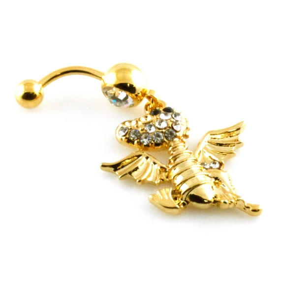14g (1.6mm) Stainless Steel Gold Cubic Zirconia Dragon Dangle Belly Ring Navel Piercing Body Jewelry