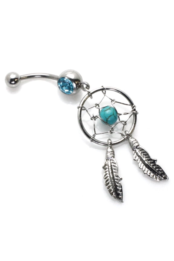 14g (1.6mm) Turquoise Dream Catcher Woven Star Stainless Steel Dangle Belly Ring Navel Piercing Body Jewelry