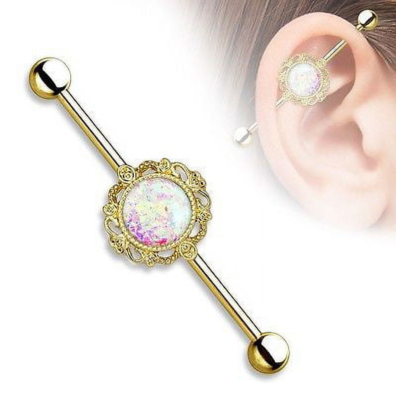 14g Industrial Barbell Opal Glitter Filigree Around 316L Industrial bar  1/2''