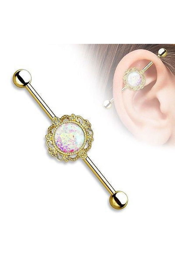 14g Industrial Barbell Opal Glitter Filigree Around 316L Industrial bar 1 1/2''