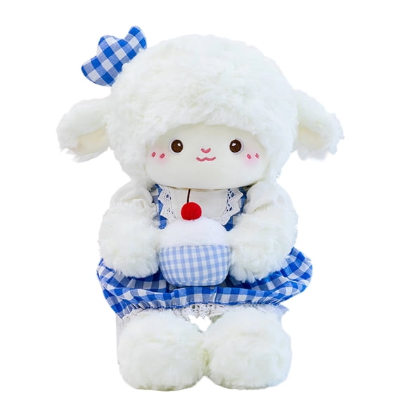 14in Adorable Birthday Cake Sheep Plush Toy Soft Lamb Stuffed Animal with Plaid Dress and Fruit Topper Cuddly Figurine for Birthday Celebrations Blue