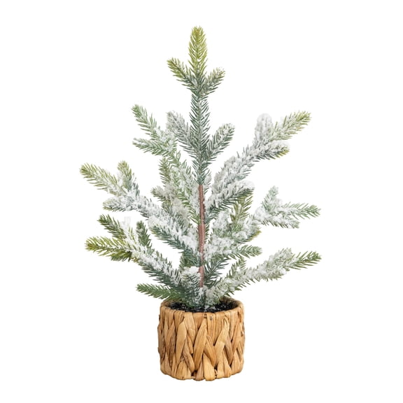 14in. Artificial Flocked Fir Christmas Tree in Woven Basket