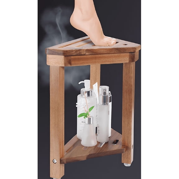 14in Corner Shower Stool with Storage Shelf, Wood Foot Rest for Shaving , Triangle Design, Wood