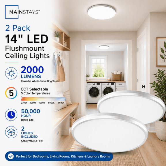 Mainstays 14 Inch Flush Mount LED Ceiling Light with 5CCT Selectable Color Temperatures (2 Pack)