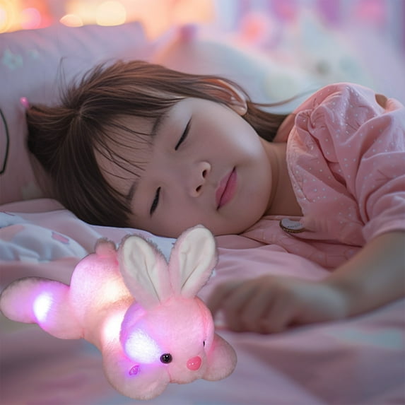 14in LED Glow Bunny Plush - Night Light Sleep Aid for Kids, Child-Safe Stuffed Animal w/ Included Batteries Pink