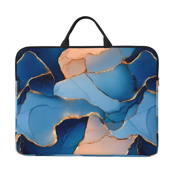 14in Laptop Interior Case Splash Resistant Dirt Smooth Zipper Portable Handle Blue And Beige Gold Marble