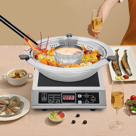 14in Rotary Hot Pot, Rotary Lifting Hot Pot Removable Stainless Steel Hot Pot with 3 Handles for 8-12 People