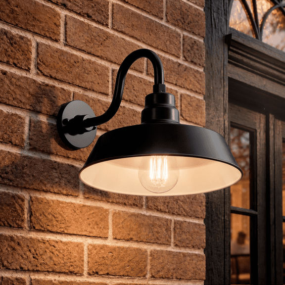 14in. Satin Black Outdoor Gooseneck Barn Light Fixture with 10in. Long Extension Arm - Wall Sconce Farmhouse, Vintage, Antique Style - UL Listed - 9W 900lm A19 LED Bulb (5000K Cool White)