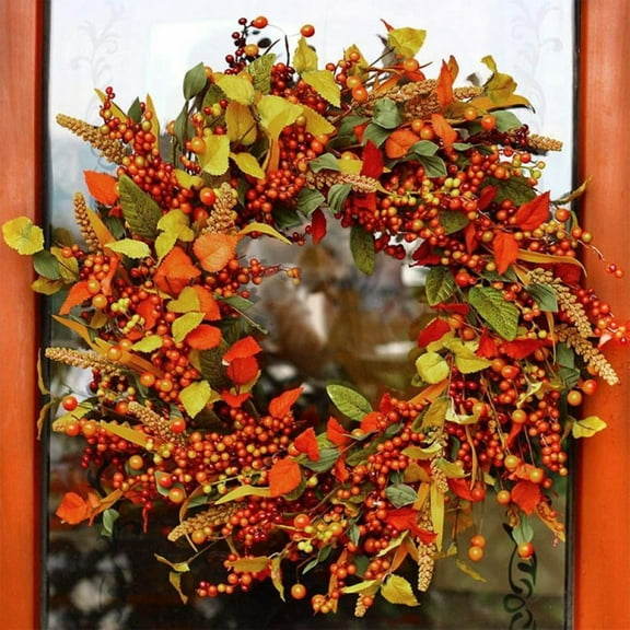 14inch Artificial Fall Wreath Maple Leaf Wreath with Cape Gooseberry for Front Door Indoor Outdoor Farmhouse Home Wall Window Festival Wedding Decor