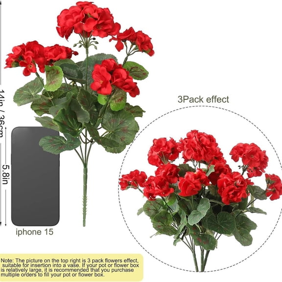 14inch Artificial Geraniums Flowers Fake Geraniums Bush Faux Flowers Faux Plastic Greenery Flower for Window Box Wedding Party Outside Garden Porch Decor