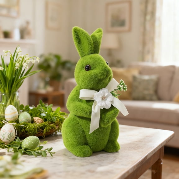14inch Flocked Bunnies Decorations Artificial Moss Bunny Figurine with Fake Flower Ribbon Bow Tie Large Size Furry Flocked Standing Rabbit Statues for Home Kitchen Table Decor (Green)