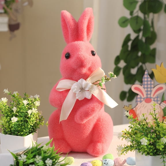 14inch Flocked Bunnies Decorations Artificial Moss Bunny Figurine with Fake Flower Ribbon Bow Tie Large Size Furry Flocked Standing Rabbit Statues for Home Kitchen Table Decor (Pink)