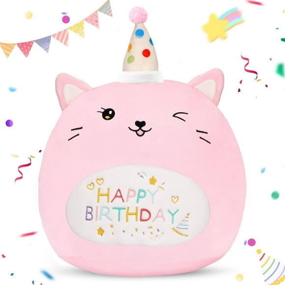 14inch Happy Birthday Pink Cat Plush Pillow - Super Cute Stuffed Animal with Birthday Text, Kawaii Gift for Girls, Kids, Birthday Party Favors & Decor