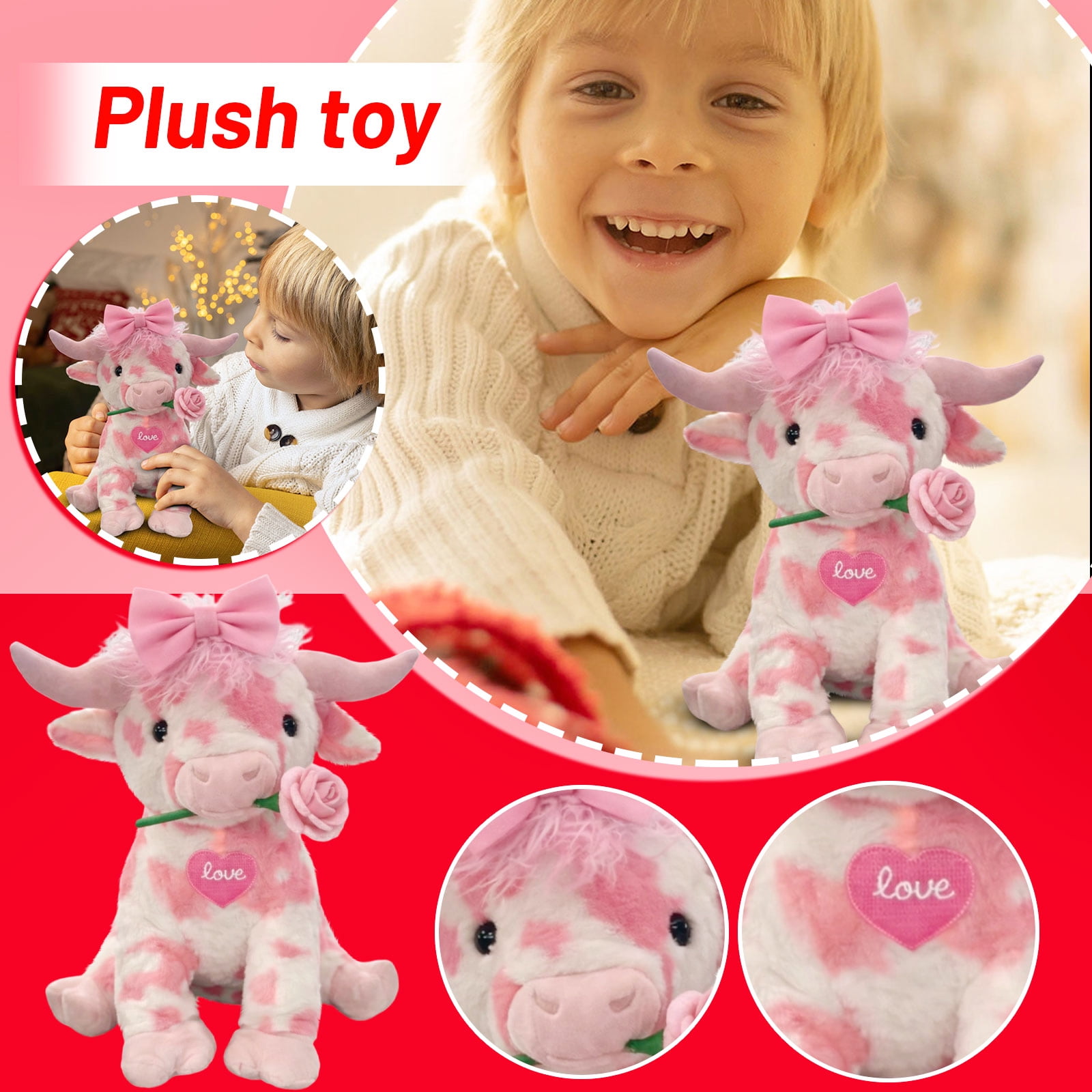 14inch Kawaii Pink Cow with Rose Stuffed Animals Plush Toy, Soft Plush Doll, Perfect Birthday Christmas Valentines Anniversary Easter Holiday Gifts, Easter Basket Stuffers