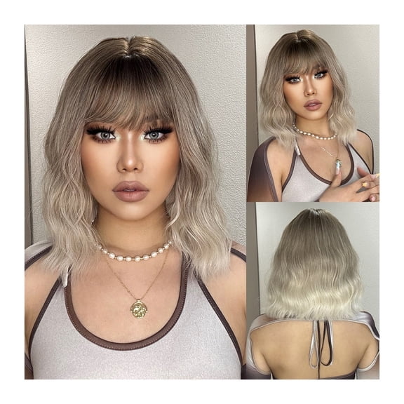 14inch Short Wavy Gray Blonde Ombre Synthetic Wigs with Bangs Cosplay Ash Brown Bob Wig for Women Daily Natural Heat Resistant Hair