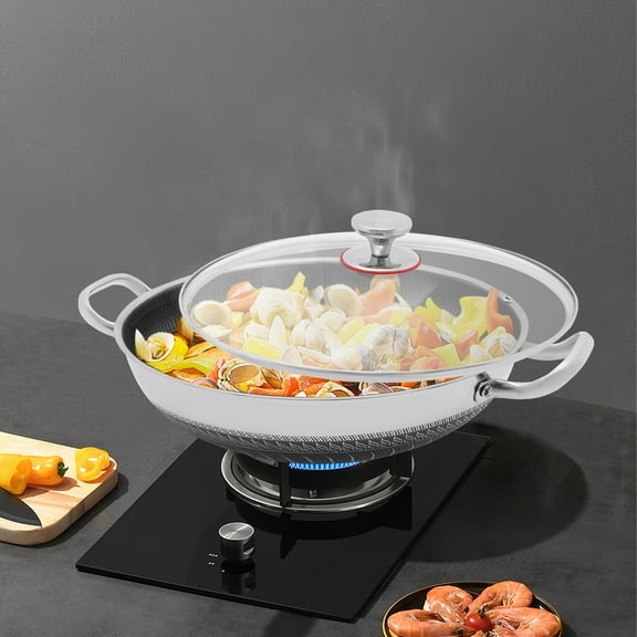 14inch Stainless Steel Frying Pot 2-Handle Non Stick Paella Pan Cooking Skillet with Lid