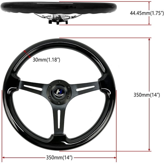 14inch Universal Classic Wood Grain Steering Wheel Brushed 3 Spoke 1.5inch Depth Black with Horn Button