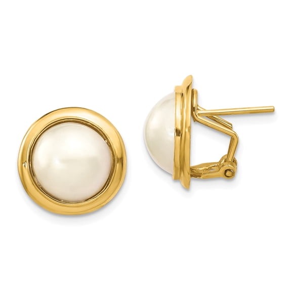 14k 10-11mm White Freshwater Cultured Mabe Pearl Omega Back Earrings in 14k Yellow Gold