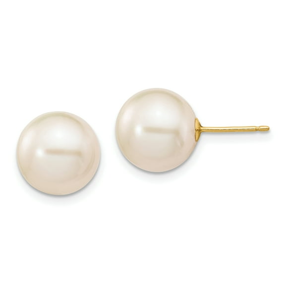 14k 10-11mm White Round Freshwater Cultured Pearl Stud Post Earrings 14k Yellow Gold Earrings