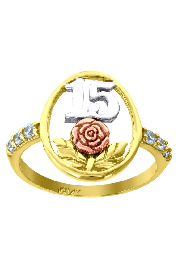 14k 14kt Gold Womens Tri-Color Cz 15 Anos Flower Rose Sz7 Quinceanera Ring Band
